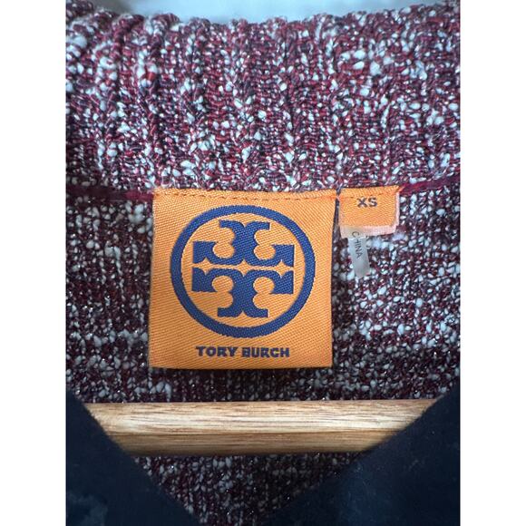 Tory Burch Sweater Popover Pullover Size XS Maroon Blue Tweed Mock Neck - Picture 9 of 11